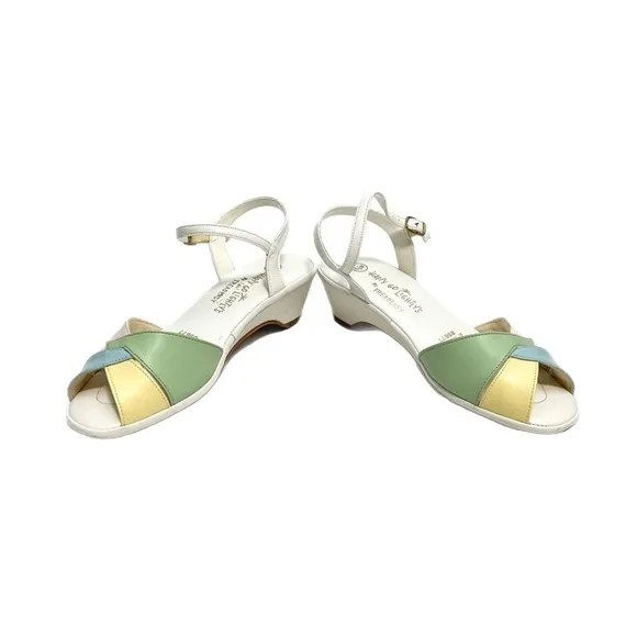 Vintage 1970s pastel and white vegan leather open toe strappy wedge sandals