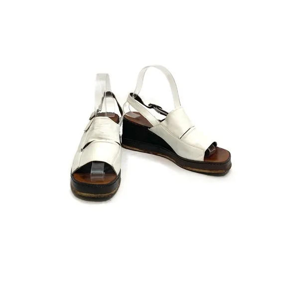 Vintage 1970s white leather slingback platform wedge disco sandals