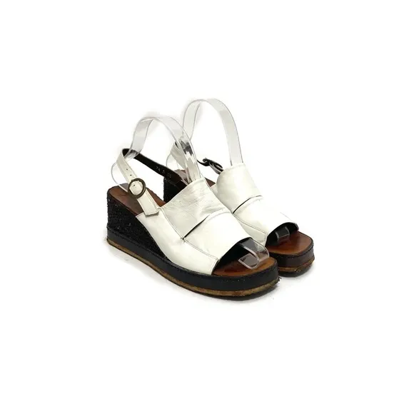 Vintage 1970s white leather slingback platform wedge disco sandals