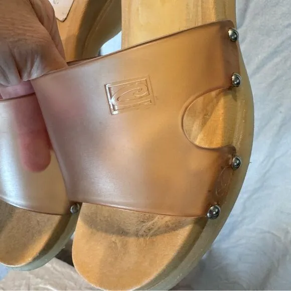 Vintage Candies Y2K Sandals Faux Wood Block Clogs Clear Jelly Size 6