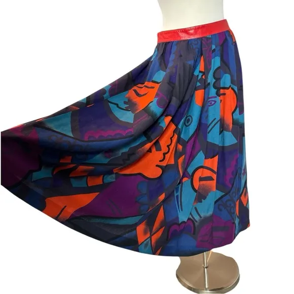VINTAGE ESCADA BY MARGARETHA LEY MODERNIST ABSTRACT FACE PRINT FULL MAXI SKIRT