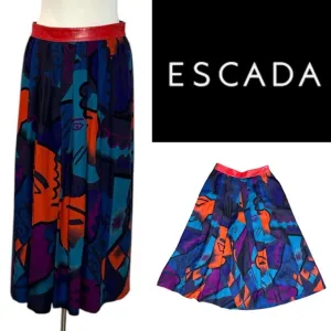 VINTAGE ESCADA BY MARGARETHA LEY MODERNIST ABSTRACT FACE PRINT FULL MAXI SKIRT