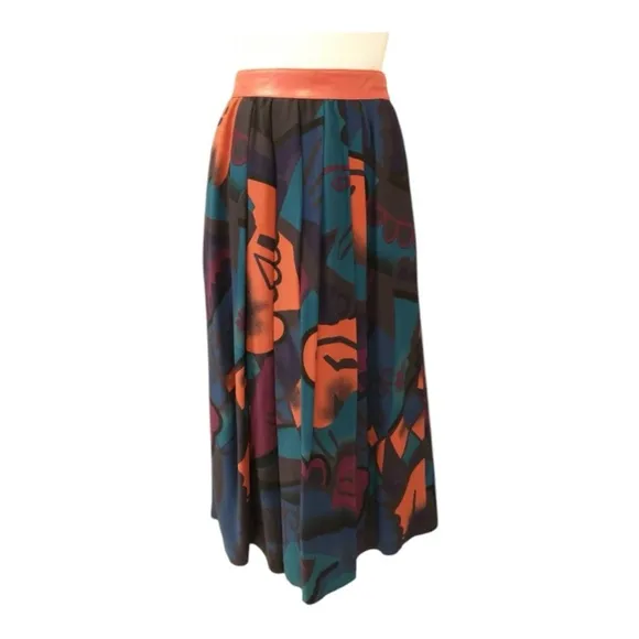VINTAGE ESCADA BY MARGARETHA LEY MODERNIST ABSTRACT FACE PRINT FULL MAXI SKIRT