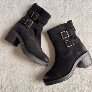Vintage Foundry Co. Charmaine Burnished Suede Leather Buckle Moto Booties Black