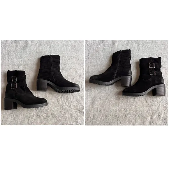 Vintage Foundry Co. Charmaine Burnished Suede Leather Buckle Moto Booties Black