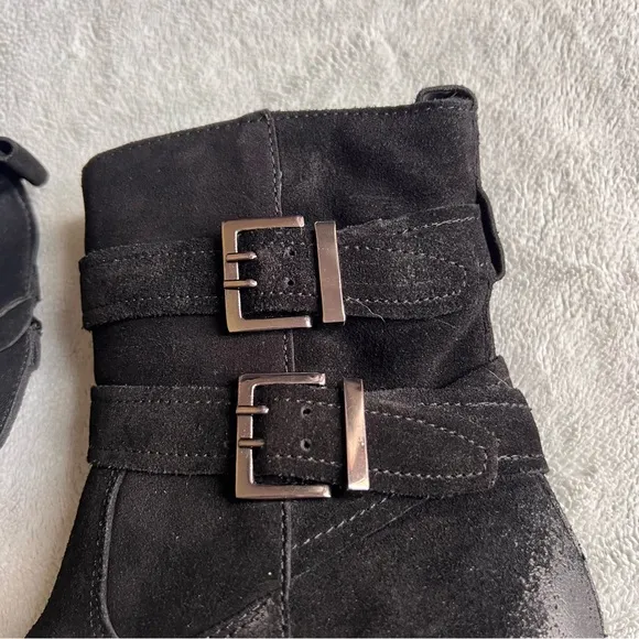 Vintage Foundry Co. Charmaine Burnished Suede Leather Buckle Moto Booties Black