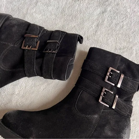 Vintage Foundry Co. Charmaine Burnished Suede Leather Buckle Moto Booties Black