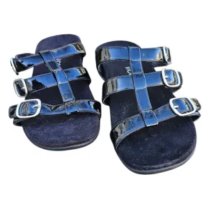Vionic 10 Misa Slide Sandals Orthotic Shoe Black Patent Leather Hook Loop