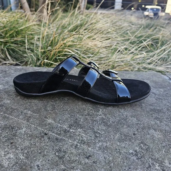 Vionic 10 Misa Slide Sandals Orthotic Shoe Black Patent Leather Hook Loop