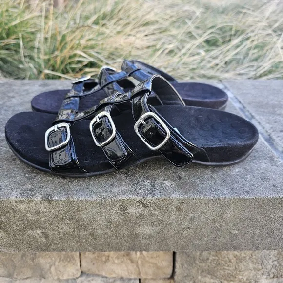 Vionic 10 Misa Slide Sandals Orthotic Shoe Black Patent Leather Hook Loop