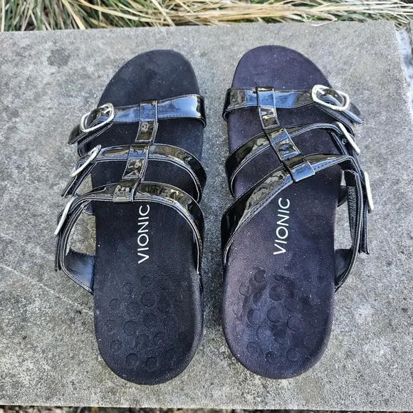 Vionic 10 Misa Slide Sandals Orthotic Shoe Black Patent Leather Hook Loop
