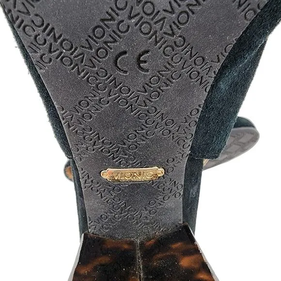 Vionic Black Animal Print Block Heel Lacey Ankle Strap Bootie Shoes Size 7