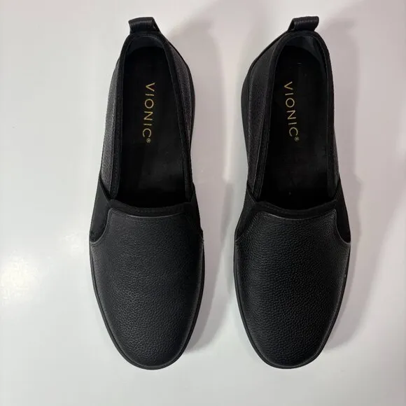 Vionic Cambria Womens Slip On Flat Loafer 9W Black Leather Comfort Shoe Office