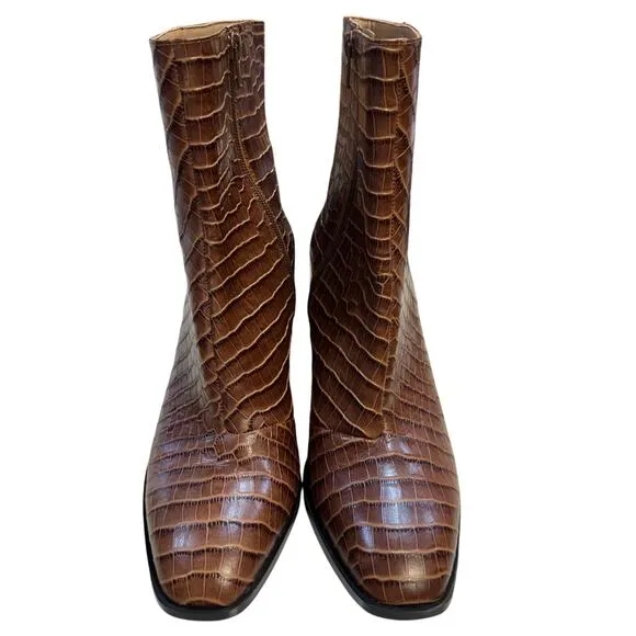 Vionic Harper Brown Croc Embossed Leather Ankle Boots Size 10