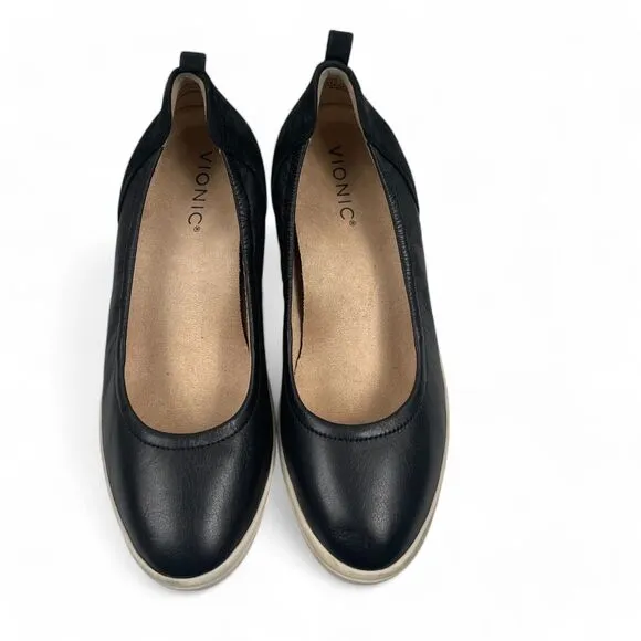 Vionic Jacey Women Black Leather Wedge Slip On Shoes 7.5 Arch Support Comfort