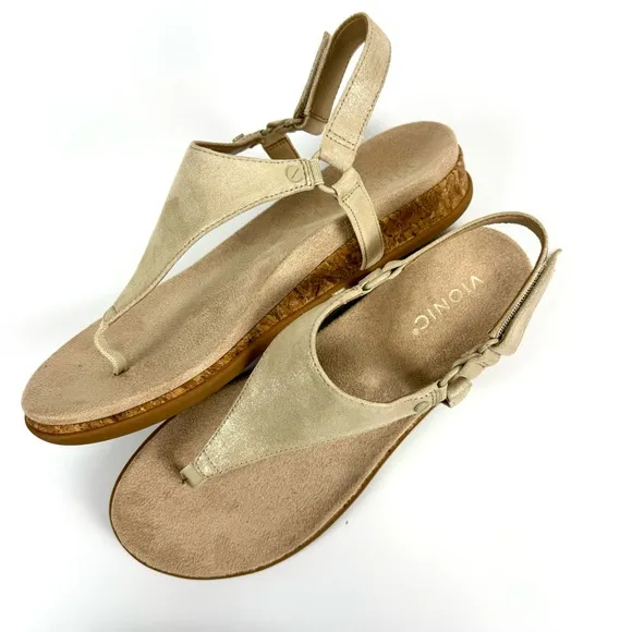 Vionic Kirra II Women's Sz 9 Wedge Sandals Comfort Shoes Tan Gold Metallic - NEW