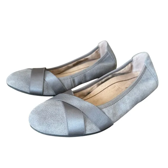 Vionic Maria Light Gray Suede Criss Cross Ribbon Ballet Flats Women's Size 8W