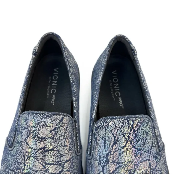 Vionic Pro Avery Slip on Shoes Sneakers Metallic Blue Iridescent Crackle