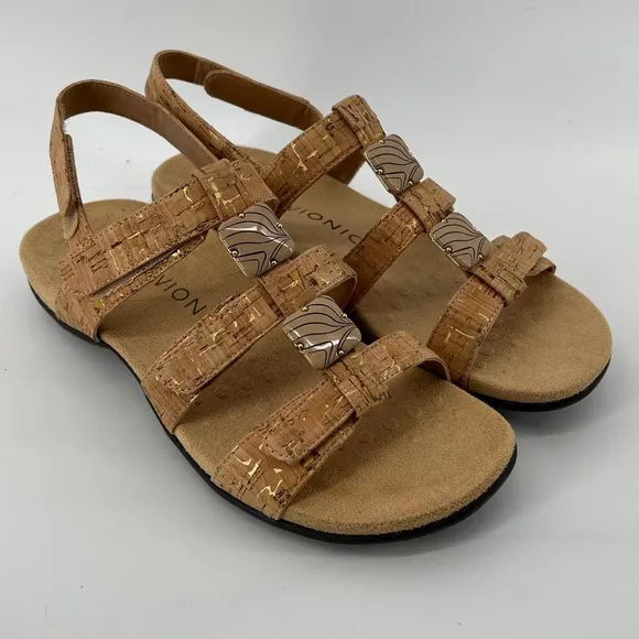 Vionic Women 7 Amber Sandals Gold Cork Adjustable Straps Arch Support Dressy NWB