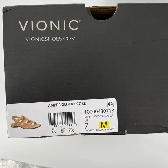 Vionic Women 7 Amber Sandals Gold Cork Adjustable Straps Arch Support Dressy NWB