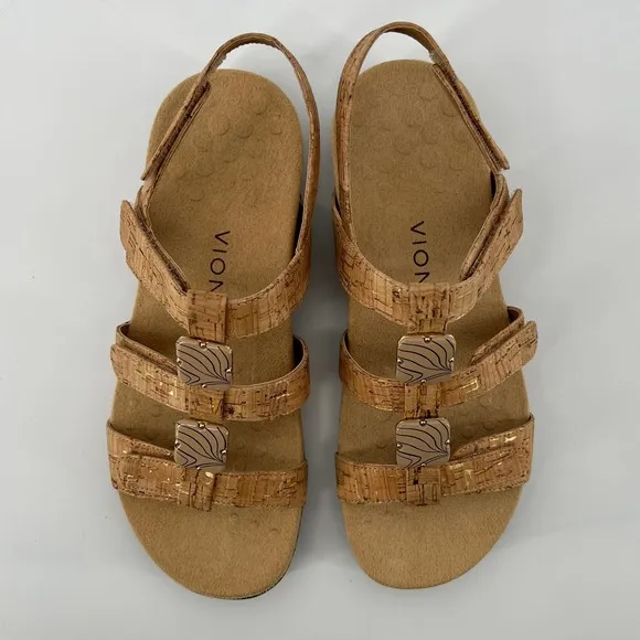 Vionic Women 7 Amber Sandals Gold Cork Adjustable Straps Arch Support Dressy NWB
