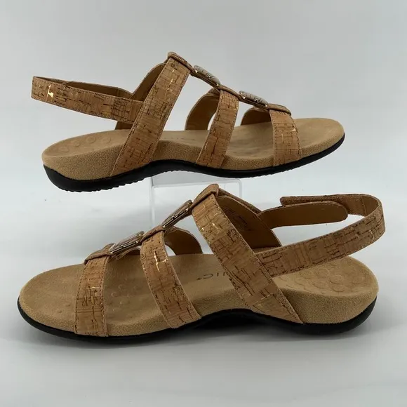Vionic Women 7 Amber Sandals Gold Cork Adjustable Straps Arch Support Dressy NWB