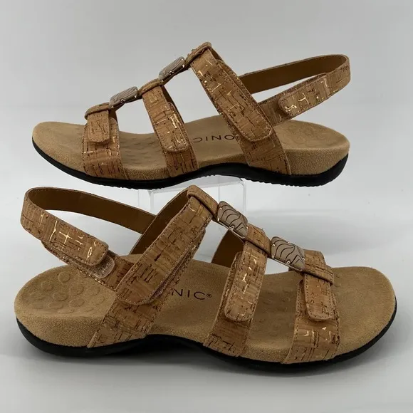 Vionic Women 7 Amber Sandals Gold Cork Adjustable Straps Arch Support Dressy NWB