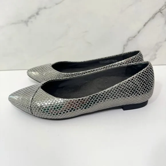 Vionic Womens Caballo Flat Shoe Size 6 Gunmetal Snake Ballet Pointed Toe Silver