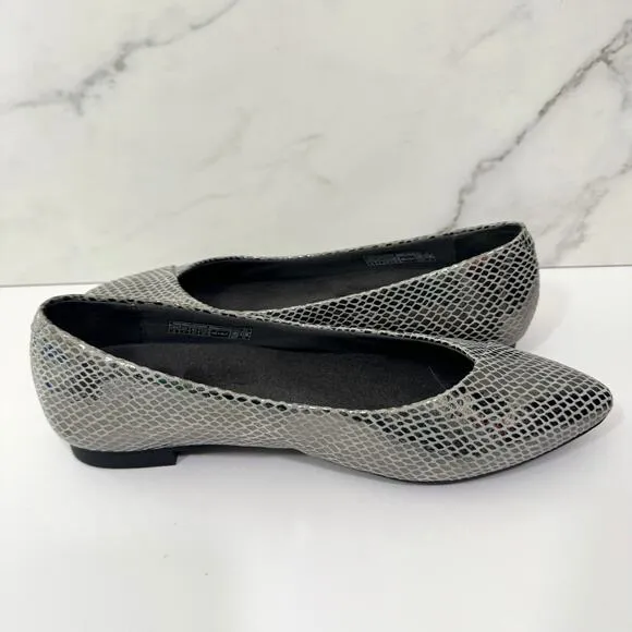 Vionic Womens Caballo Flat Shoe Size 6 Gunmetal Snake Ballet Pointed Toe Silver