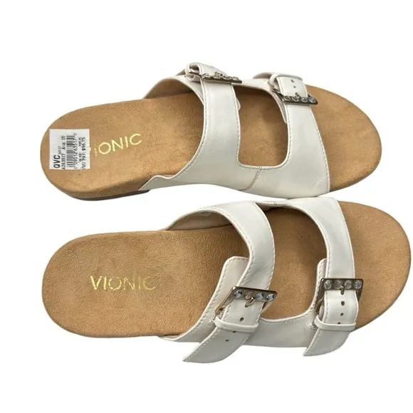 Vionic Womens Czarina Sandals White Leather Double Strap Shoe Sz 7 w/Orthaheel