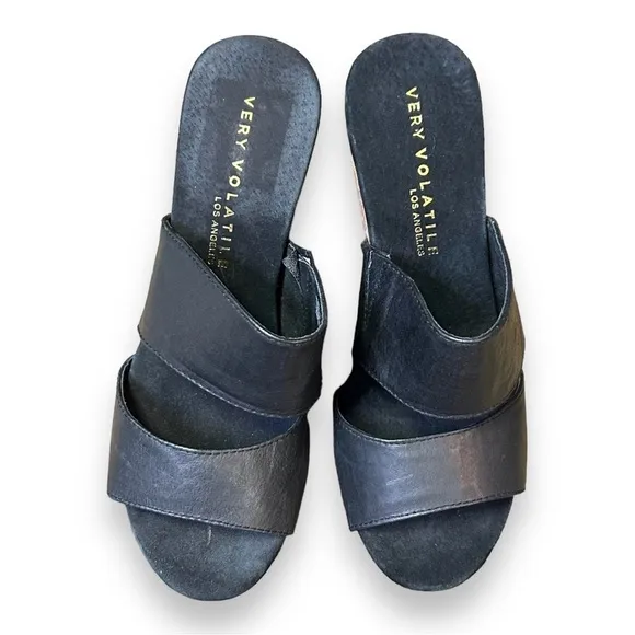 Volatile Platform Cork Wedge Sandal Black Leather Straps Heels Womens 8
