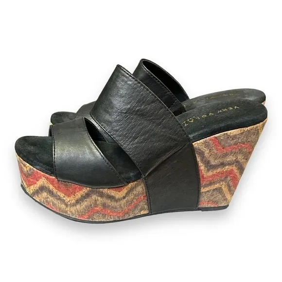 Volatile Platform Cork Wedge Sandal Black Leather Straps Heels Womens 8