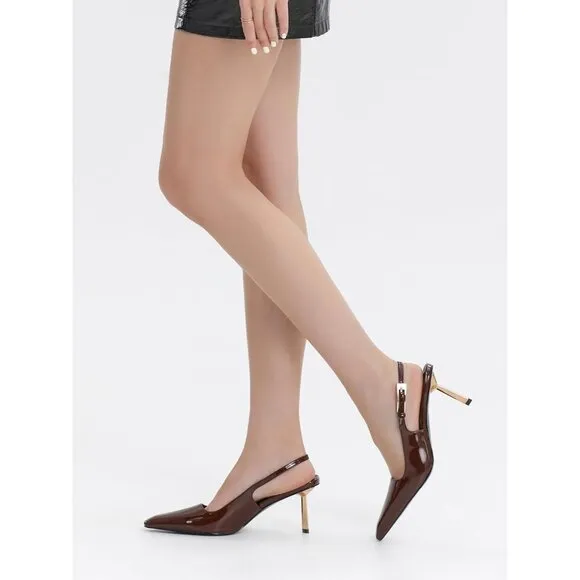 Women Brown Closed Toe 3.5 in Kitten Heels Pumps Square Toe Heeled Sandals