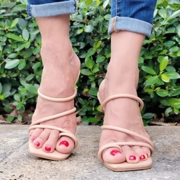 Women's Nude‎ Square Toe Ring Sandals