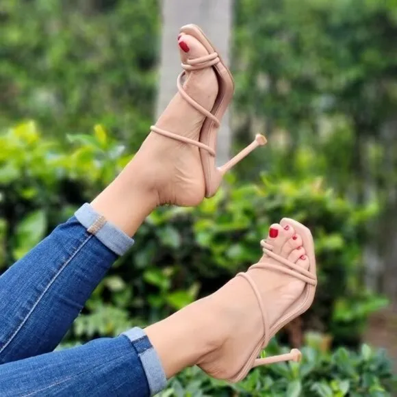Women's Nude‎ Square Toe Ring Sandals