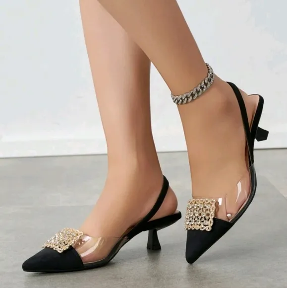 Women's Rhinestone Decorated Pointed Toe Backless Kitten Heel Slip-On Pumps