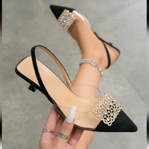 Women's Rhinestone Decorated Pointed Toe Backless Kitten Heel Slip-On Pumps