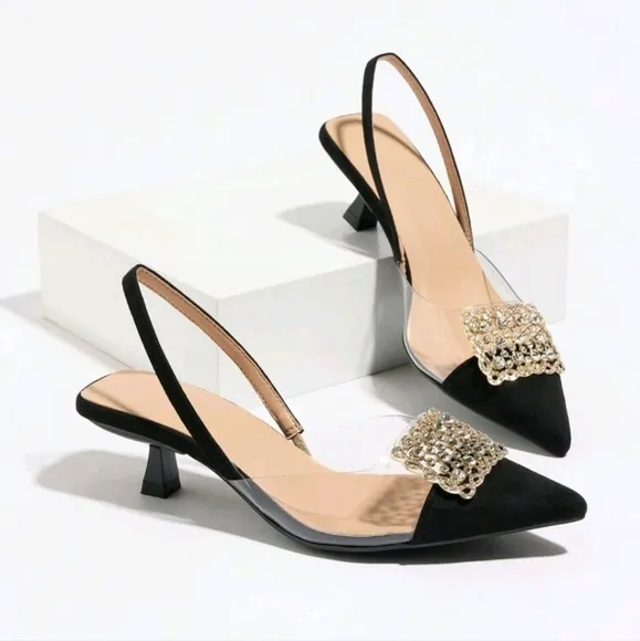 Women's Rhinestone Decorated Pointed Toe Backless Kitten Heel Slip-On Pumps