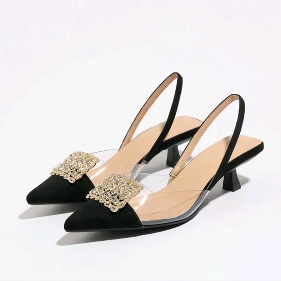 Women's Rhinestone Decorated Pointed Toe Backless Kitten Heel Slip-On Pumps