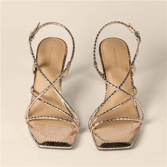 Women's Strappy Stiletto Heel Sandals Pale Gold Faux Snakeskin