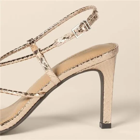 Women's Strappy Stiletto Heel Sandals Pale Gold Faux Snakeskin