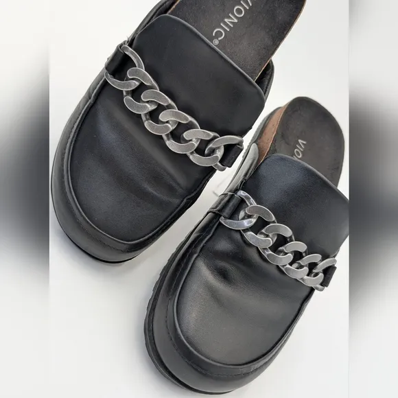 Womens Vionic Georgie Leather Mule Sliver Accents Black Slip On Shoes Size 6.5