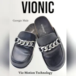Womens Vionic Georgie Leather Mule Sliver Accents Black Slip On Shoes Size 6.5