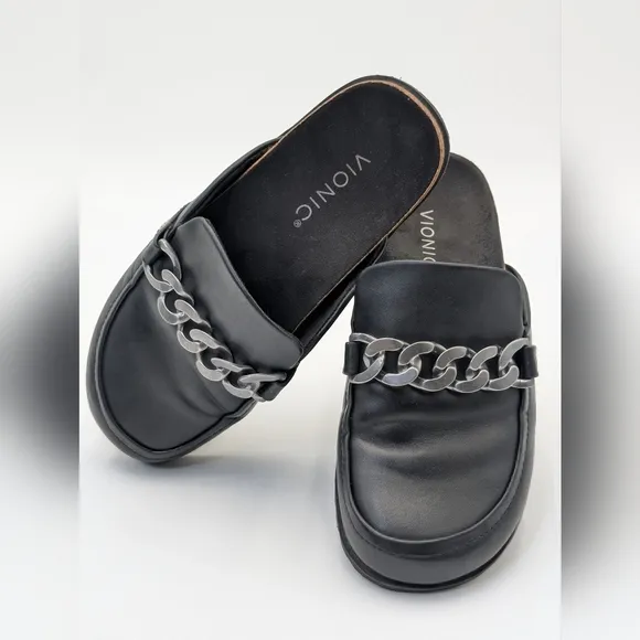 Womens Vionic Georgie Leather Mule Sliver Accents Black Slip On Shoes Size 6.5