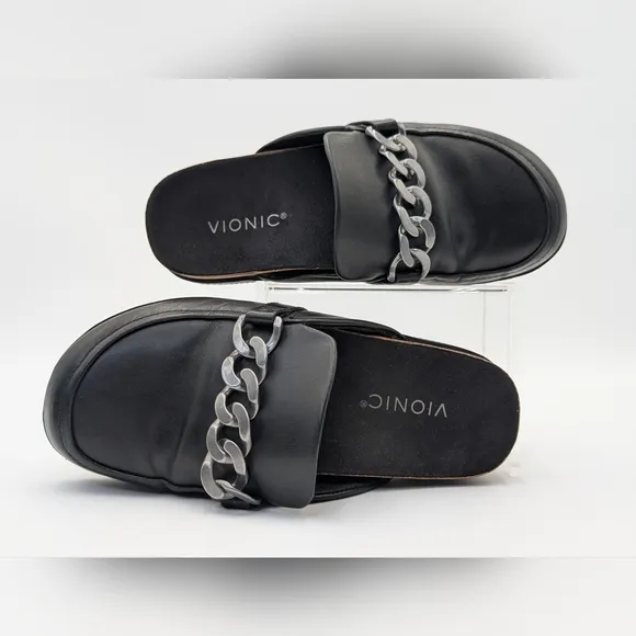 Womens Vionic Georgie Leather Mule Sliver Accents Black Slip On Shoes Size 6.5