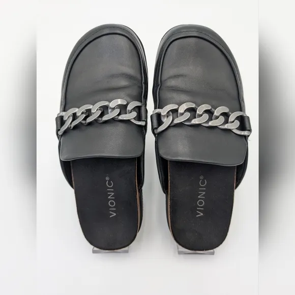 Womens Vionic Georgie Leather Mule Sliver Accents Black Slip On Shoes Size 6.5