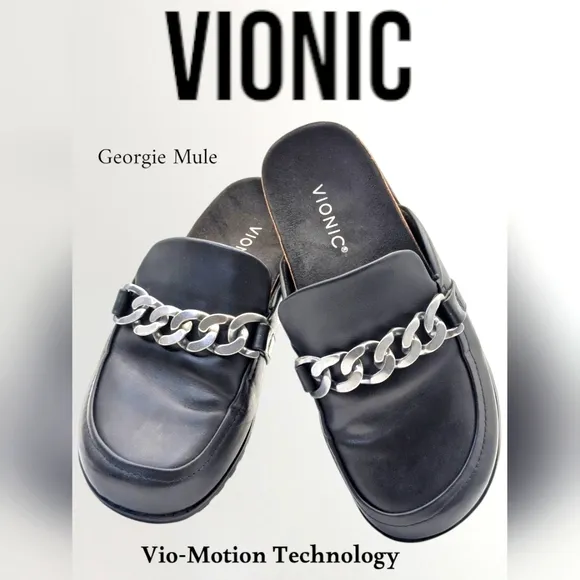 Womens Vionic Georgie Leather Mule Sliver Accents Black Slip On Shoes Size 6.5