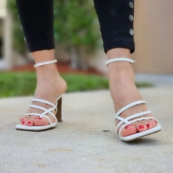 Women's White Chunky Block Heel Square Toe Ring Sandals