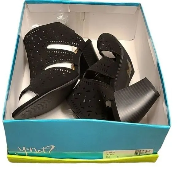 Y-NOT womens open toe wedge heel black sandals NWT 8.5 M