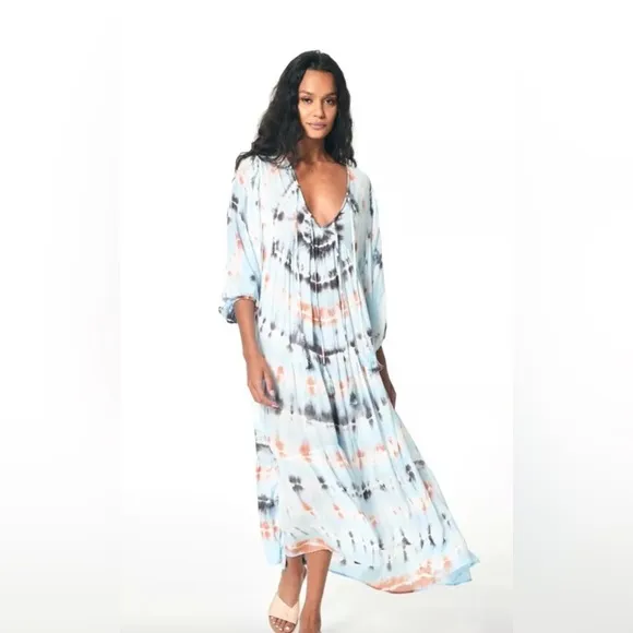 Young Fabulous &amp; Broke Dawn Balloon Sleeve Tie Dye Dress Tangerine Radial. M